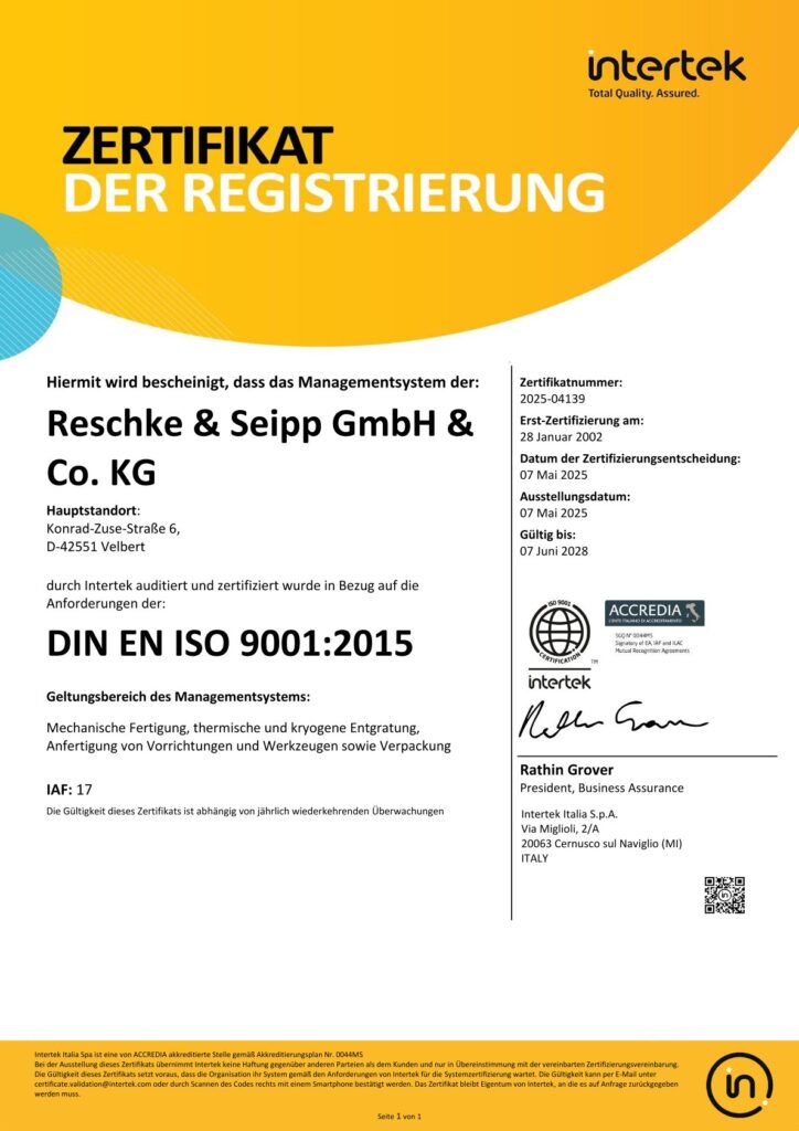 Zertifikat zur Registrierung gemäß DIN EN ISO 9001:2015 für Reschke & Seipp GmbH & Co. KG.